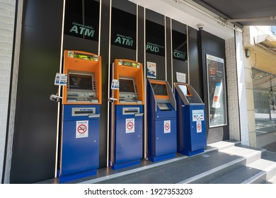 BANGKOK, THAILAND - FEBRUARY 12, 2021: Automatic teller machine, ATM Cash deposit machine,CDM and passbook update,PUD for pay services and other financial operations of Bangkok bank machines kiosk.