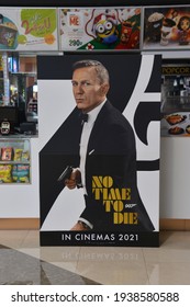 Bangkok, Thailand - February 12, 2021: A Standee of James Bond 007 (Daniel Craig) No Time To Die displays at the theater