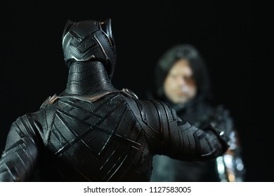 BANGKOK THAILAND - FEBRUARY 13 ,2018 : Close Up Rear Of Black Panther  Civil War Superheros Figure In Action Fighting. Black Panther Appearing In American Comic Books By Marvel.