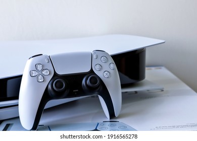 Bangkok, Thailand - February 14, 2021 : Playstation 5 DualSense Wireless Controller On The Box That The New Sony Gaming Console.