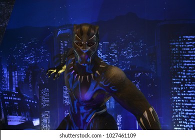 Bangkok, Thailand - February 17, 2018: Black Panther Model With A Standee of A Marvel Superhero Movie Black Panther Display at the theater.