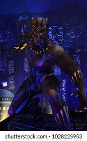 Bangkok, Thailand - February 17, 2018: Black Panther Model With A Standee of A Marvel Superhero Movie Black Panther Display at the theater.