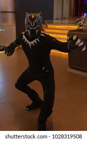 Bangkok, Thailand - February 18, 2018: Costume Black Panther To Promote A Marvel Superhero Movie Black Panther At The Theater.