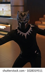 Bangkok, Thailand - February 18, 2018: Costume Black Panther To Promote A Marvel Superhero Movie Black Panther At The Theater.