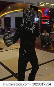 Bangkok, Thailand - February 18, 2018: Costume Black Panther To Promote A Marvel Superhero Movie Black Panther At The Theater.