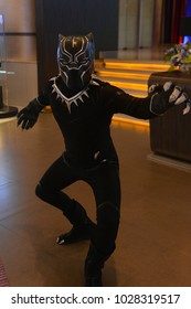 Bangkok, Thailand - February 18, 2018: Costume Black Panther To Promote A Marvel Superhero Movie Black Panther At The Theater.