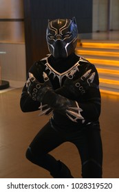 Bangkok, Thailand - February 18, 2018: Costume Black Panther To Promote A Marvel Superhero Movie Black Panther At The Theater.