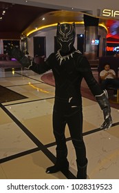 Bangkok, Thailand - February 18, 2018: Costume Black Panther To Promote A Marvel Superhero Movie Black Panther At The Theater.