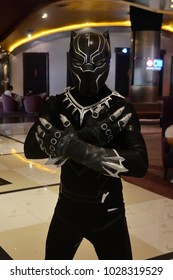 Bangkok, Thailand - February 18, 2018: Costume Black Panther To Promote A Marvel Superhero Movie Black Panther At The Theater.