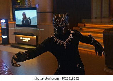 Bangkok, Thailand - February 18, 2018: Costume Black Panther To Promote A Marvel Superhero Movie Black Panther At The Theater.