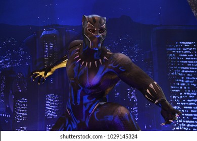 Bangkok, Thailand - February 18, 2018: Black Panther Model With A Standee of A Marvel Superhero Movie Black Panther Display at the theater.
