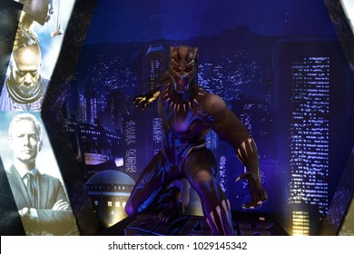 Bangkok, Thailand - February 18, 2018: Black Panther Model With A Standee of A Marvel Superhero Movie Black Panther Display at the theater.