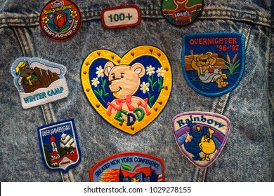 Bangkok, Thailand - February 19, 2018 : A Photo Of Classic 90's Badge Denim Jacket With Selective Focus On The Teddy Bear Heart Patch Jean Jacket. Vintage Fashion Concept. Editorial Use Only.