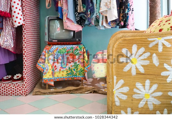 Bangkok, Thailand - February 19, 2018 : A photo of\
old television (Sampo brand) used for cafe shop decoration in\
vintage and retro concept. An old TV is now facing extinction.\
Editorial use only.