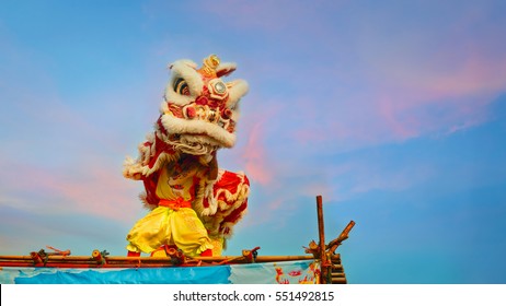 BANGKOK, THAILAND - FEBRUARY 20 2016: Unidentified group of people perform a traditional lion dance at Rama IX public park to celebrate traditional Chinese's lunar new year
