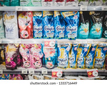 Bangkok, Thailand - February 2019: Bags And Bottles Of Detergent, Comforter And Other Cleaning Products For Sale In A Local Convenience Store