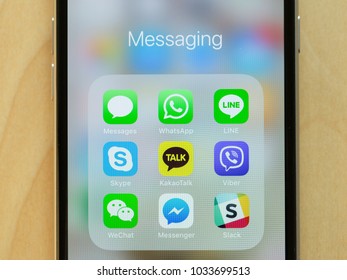 Bangkok, Thailand - February 21, 2018: Messaging applications display on Apple's iPhone 6