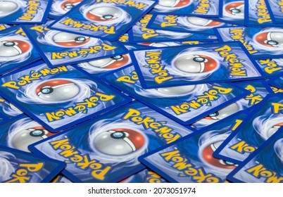 Bangkok, Thailand – February 22, 2021: Close Up Of A Stack Of Pokemon Trading Cards Background. Card Board Game. Illustrative Editorial