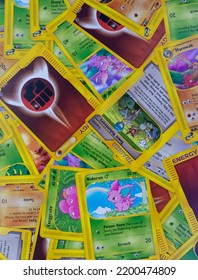 Bangkok, Thailand – February 22, 2021: Close Up Of A Stack Of Pokemon Trading Cards Background. Card Board Game. Illustrative Editorial