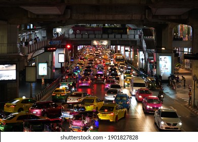 Bangkok, Thailand - Jan 07 2017: Night view of heavy traffic jam in downtown of Bangkok 