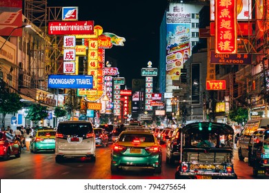 Bangkok, Thailand - Jan 14 2018 - The signs of China Town in Bangkok in the night street in Thailand