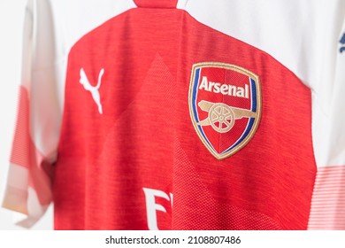 Bangkok, Thailand - Jan 18, 2022 : close up Arsenal logo on Arsenal retro shirt home jersey season 2018-2019