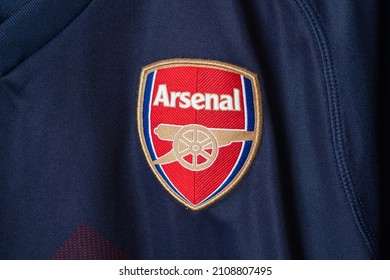 Bangkok, Thailand - Jan 18, 2022 : close up Arsenal logo on Arsenal retro shirt away jersey season 2018-2019