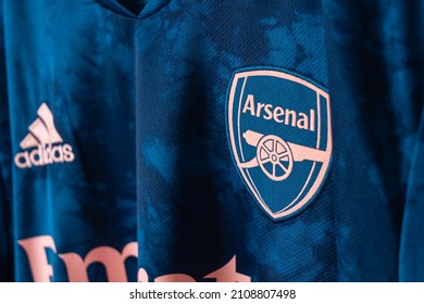 Bangkok, Thailand - Jan 18, 2022 : close up Arsenal logo on Arsenal shirt third jersey season 2020-2021