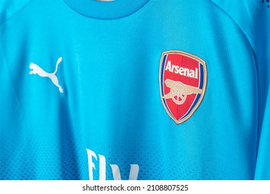 Bangkok, Thailand - Jan 18, 2022 : close up Arsenal logo on Arsenal retro shirt home jersey season 2017-2018