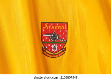 Bangkok, Thailand - Jan 18, 2022 : close up Arsenal logo on Arsenal retro shirt away jersey season 1993-1994