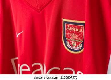 Bangkok, Thailand - Jan 18, 2022 : close up Arsenal logo on Arsenal retro shirt home jersey season 2000-2002
