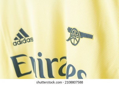 Bangkok, Thailand - Jan 18, 2022 : close up Arsenal logo on Arsenal shirt away jersey season 2021-2022