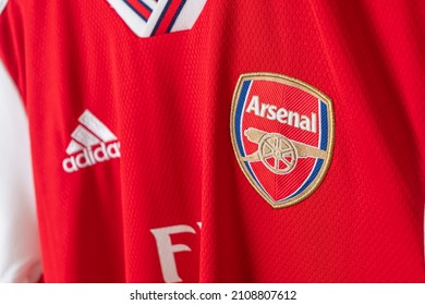 Bangkok, Thailand - Jan 18, 2022 : close up Arsenal logo on Arsenal shirt home jersey season 2019-2020