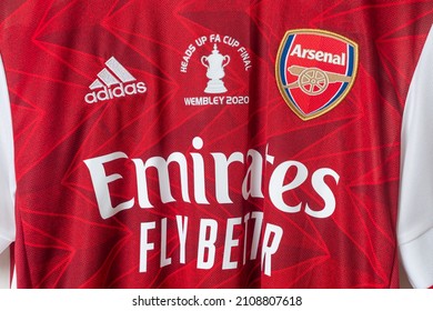 Bangkok, Thailand - Jan 18, 2022 : close up Arsenal logo on Arsenal retro shirt home jersey season 2020-2021