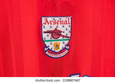 Bangkok, Thailand - Jan 18, 2022 : close up Arsenal logo on Arsenal retro shirt home jersey season 1992-1994