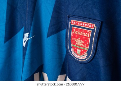 Bangkok, Thailand - Jan 18, 2022 : close up Arsenal logo on Arsenal retro shirt away jersey season 1995-1996