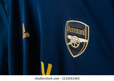 Bangkok, Thailand - Jan 18, 2022 : close up Arsenal logo on Arsenal shirt third jersey season 2019-2020