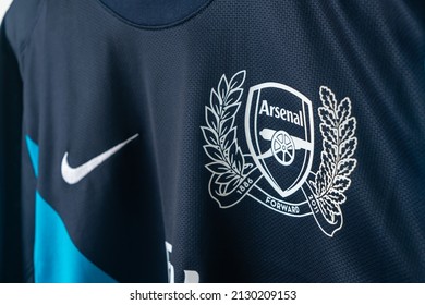 Bangkok, Thailand - Jan 18, 2022 : close up Arsenal logo on Arsenal retro shirt home jersey season 2008-2010