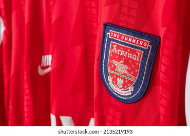 Bangkok, Thailand - Jan 18, 2022 : close up Arsenal logo on Arsenal retro shirt home jersey season 1994-1996