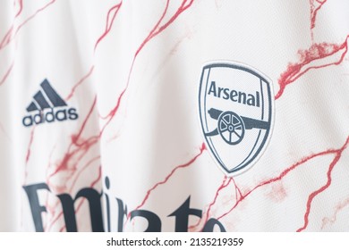 Bangkok, Thailand - Jan 18, 2022 : close up Arsenal logo on Arsenal shirt away jersey season 2020-2021
