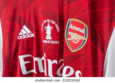Bangkok, Thailand - Jan 18, 2022 : close up Arsenal logo on Arsenal retro shirt home jersey season 2020-2021