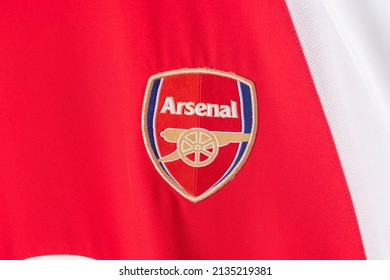Bangkok, Thailand - Jan 18, 2022 : close up Arsenal logo on Arsenal retro shirt home jersey season 2000-2002