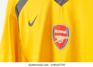 Bangkok, Thailand - Jan 18, 2022 : close up Arsenal logo on Arsenal retro shirt away jersey season 2005-2006