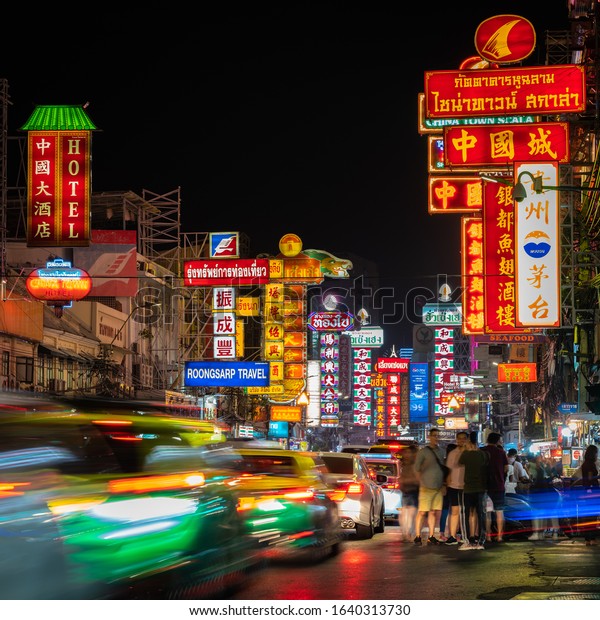 Bangkok/ Thailand - Jan 2020: China town at\
night with the feel and touch of its genuine culture, local\
transportation and\
busineses