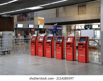 BANGKOK THAILAND - JAN 2021: Airport check in terminals, Self service machine or airline check-in kiosk at airport for check in, printing boarding pass or buying ticket.
