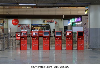 BANGKOK THAILAND - JAN 2021: Airport check in terminals, Self service machine or airline check-in kiosk at airport for check in, printing boarding pass or buying ticket.