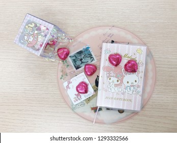 Bangkok, Thailand - Jan 24, 2019 : A Photo Of Pink Heart Valentine Chocolates In My Melody Box To Promote Valentines Event.