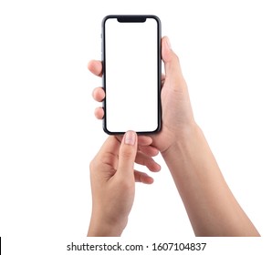 Bangkok, Thailand - Jan 5, 2020: Studio shot of Smartphone iPhone 11 in female hands taking photo isolated on white blackground