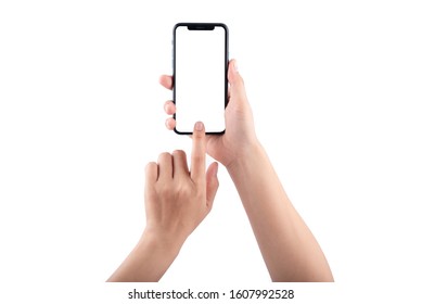 Bangkok, Thailand - Jan 5, 2020: Studio shot of Smartphone iPhone 11 in female hands taking photo isolated on white blackground