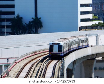 Bangkok, Thailand - January 1, 2018: Close Up Of Bangkok MRT Train Blue Line Leaving From Tao Poon Station  